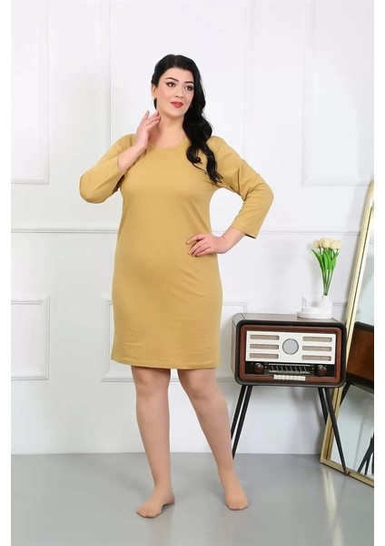 Moda Kadın Büyük Beden Penye Gecelik Ev Elbisesi Hardal