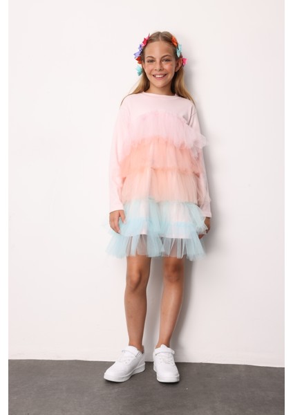 Çok Renkli Katlı Tüllü Kız Çocuk Elbise - Fabiola