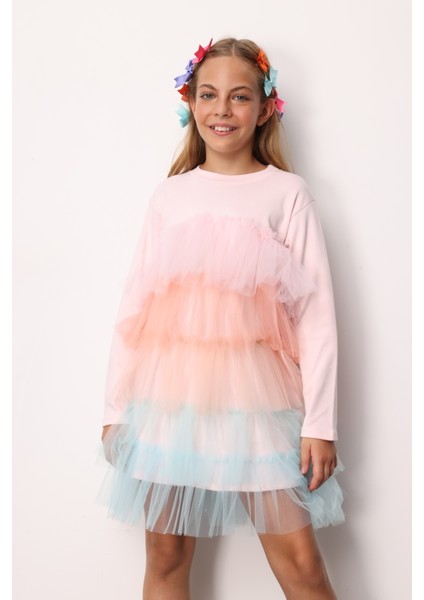 Çok Renkli Katlı Tüllü Kız Çocuk Elbise - Fabiola fiyatları