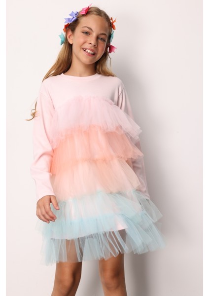 Çok Renkli Katlı Tüllü Kız Çocuk Elbise - Fabiola modelleri