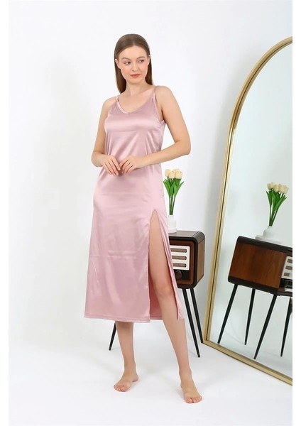 Moda Yırtmaçlı Uzun Saten Gecelik Pudra