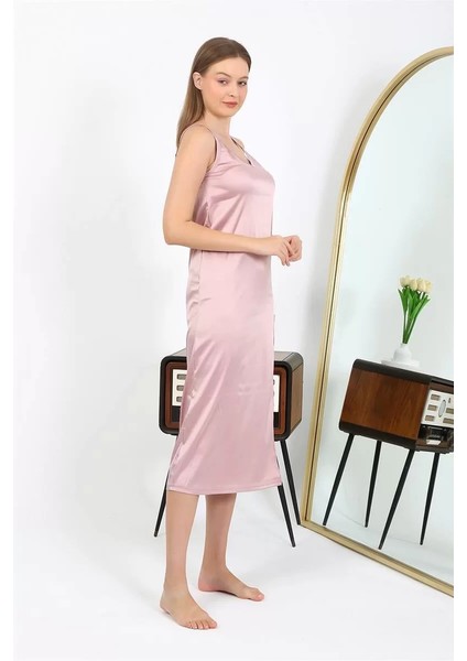 Moda Yırtmaçlı Uzun Saten Gecelik Pudra modelleri