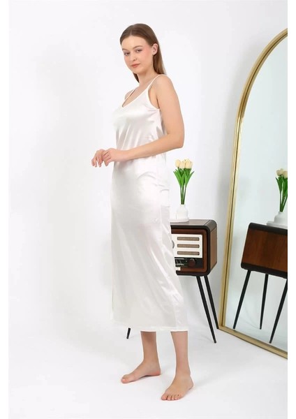 Moda Yırtmaçlı Uzun Saten Gecelik Ekru modelleri