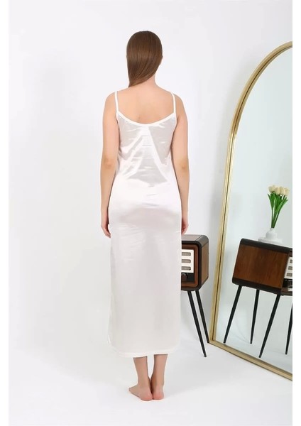 Moda Yırtmaçlı Uzun Saten Gecelik Ekru fırsatları