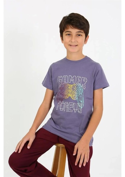 Moda Erkek Çocuk Kısa Kol Penye Pijama Takım Mor