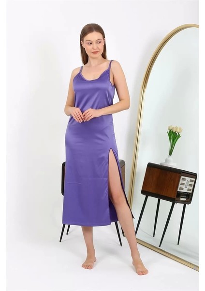 Moda Yırtmaçlı Uzun Saten Gecelik Mor