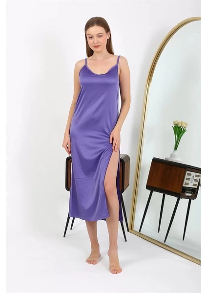 Moda Yırtmaçlı Uzun Saten Gecelik Mor fiyatları