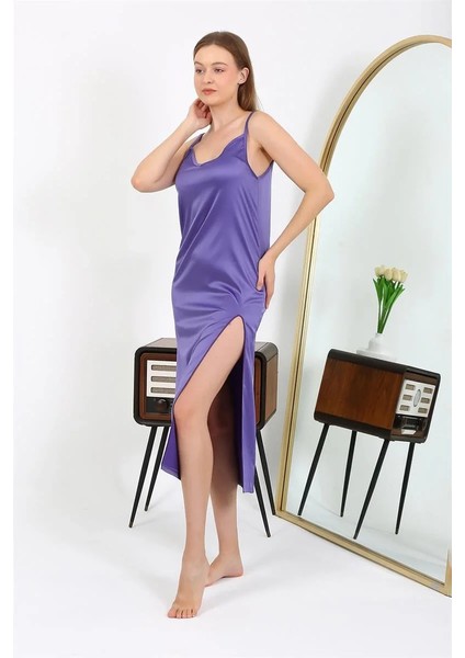 Moda Yırtmaçlı Uzun Saten Gecelik Mor modelleri