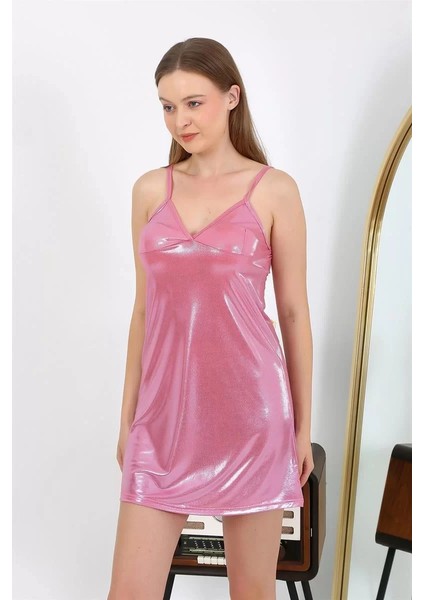 Moda Ip Askılı Micro Kumaş Kısa Parlak Gecelik Ev Giyim Pembe