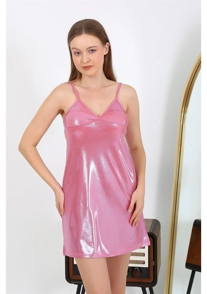 Moda Ip Askılı Micro Kumaş Kısa Parlak Gecelik Ev Giyim Pembe fırsatları
