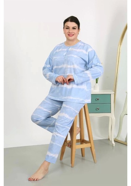 Moda Kadın Büyük Beden Uzun Kol Penye Pijama Takımı Mavi fırsatları