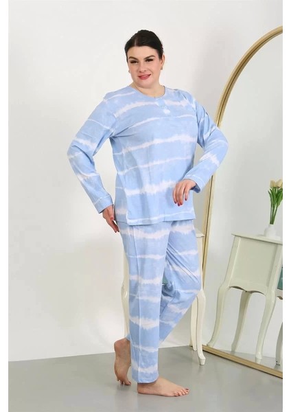 Moda Kadın Büyük Beden Uzun Kol Penye Pijama Takımı Mavi indirimleri