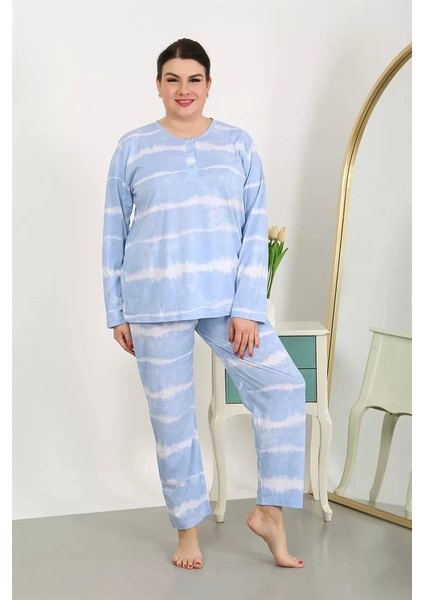 Moda Kadın Büyük Beden Uzun Kol Penye Pijama Takımı Mavi