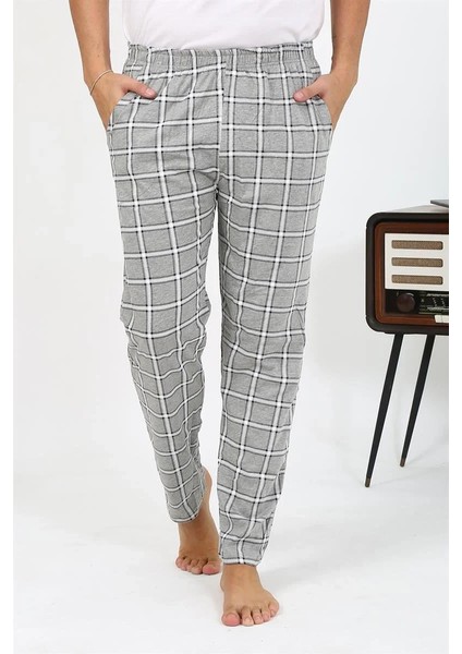 Moda Erkek Ekoseli Desen Penye Tek Alt Pijama Gri