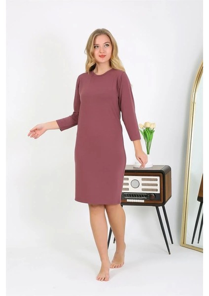 Moda Pamuk Ev Elbisesi Tunik Gecelik Mürdüm