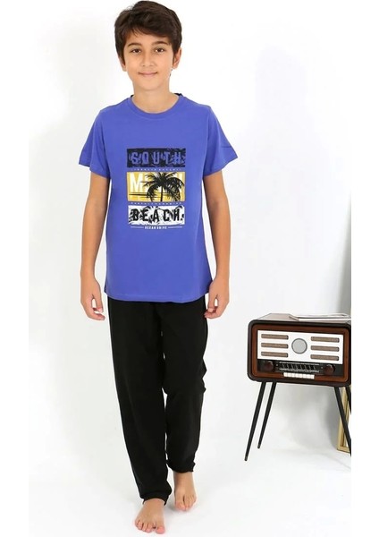 Moda Erkek Çocuk Kısa Kol Penye Pijama Takım Saks