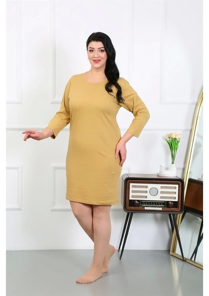 Moda Kadın Büyük Beden Penye Gecelik Ev Elbisesi Hardal modelleri