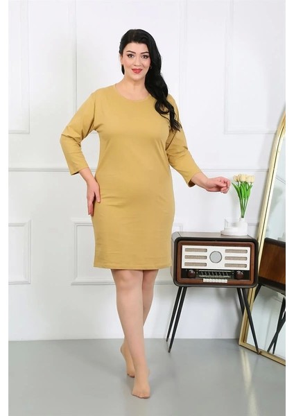 Moda Kadın Büyük Beden Penye Gecelik Ev Elbisesi Hardal