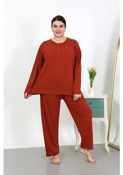 Moda Kadın Büyük Beden Uzun Kol Penye Pijama Takımı Kiremit