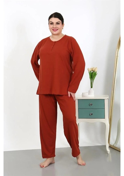 Moda Kadın Büyük Beden Uzun Kol Penye Pijama Takımı Kiremit fırsatları