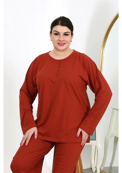 Moda Kadın Büyük Beden Uzun Kol Penye Pijama Takımı Kiremit indirimleri