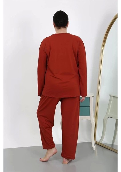 Moda Kadın Büyük Beden Uzun Kol Penye Pijama Takımı Kiremit