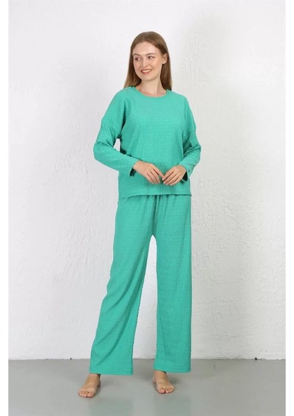 Moda Kadın Bürümcük Kumaş Pijama Takım Yeşil