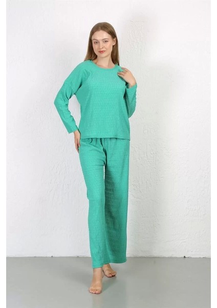 Moda Kadın Bürümcük Kumaş Pijama Takım Yeşil fırsatları