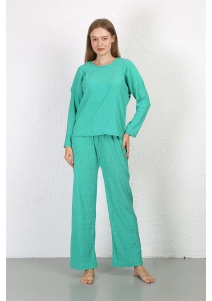 Moda Kadın Bürümcük Kumaş Pijama Takım Yeşil