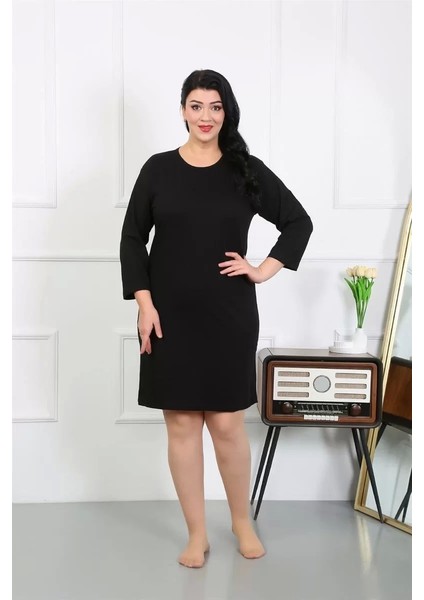 Moda Kadın Büyük Beden Penye Gecelik Ev Elbisesi Siyah