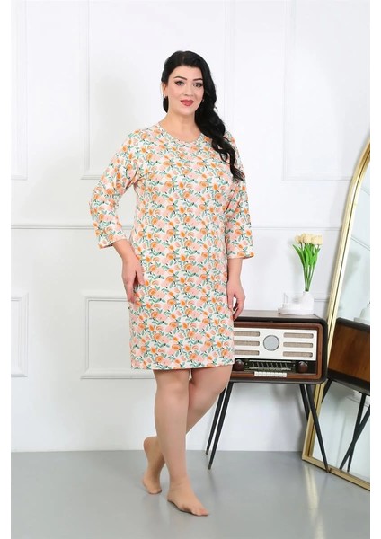 Moda Kadın Büyük Beden Penye Gecelik Ev Elbisesi Krem