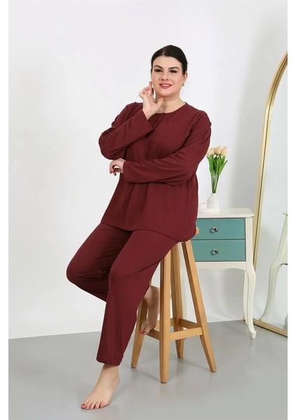 Moda Kadın Büyük Beden Uzun Kol Penye Pijama Takımı Bordo modelleri