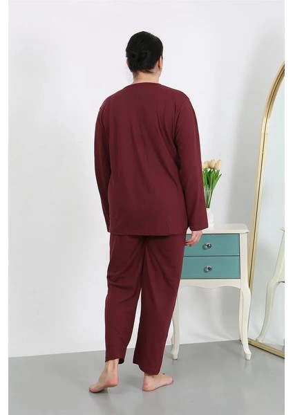 Moda Kadın Büyük Beden Uzun Kol Penye Pijama Takımı Bordo indirimleri