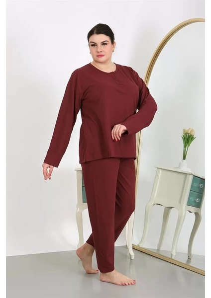 Moda Kadın Büyük Beden Uzun Kol Penye Pijama Takımı Bordo