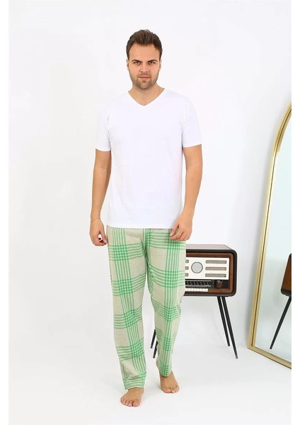 Moda Erkek Ekoseli Desen Penye Tek Alt Pijama Yeşil modelleri