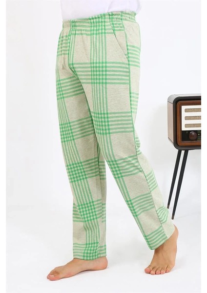 Moda Erkek Ekoseli Desen Penye Tek Alt Pijama Yeşil