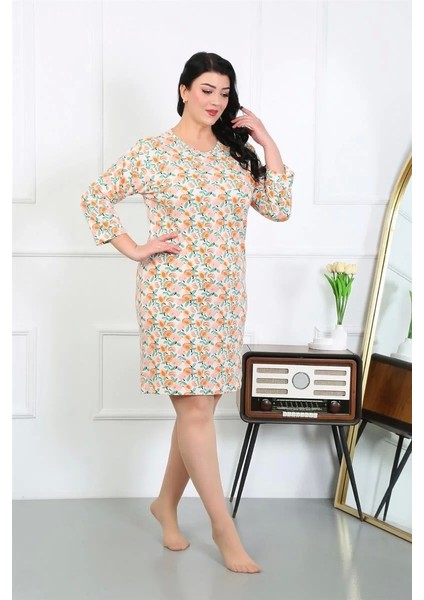 Moda Kadın Büyük Beden Penye Gecelik Ev Elbisesi Krem