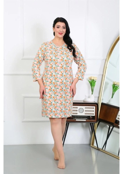 Moda Kadın Büyük Beden Penye Gecelik Ev Elbisesi Krem modelleri