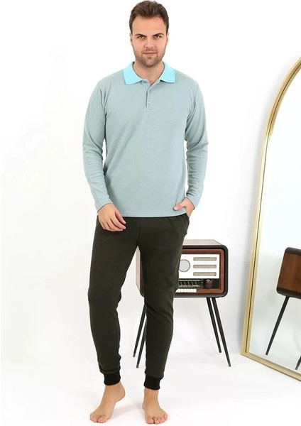 Moda Erkek Polo Yaka Uzun Kol Penye Pijama Takımı Su Yeşili