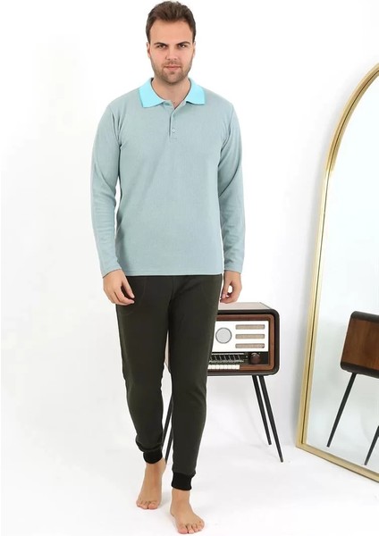 Moda Erkek Polo Yaka Uzun Kol Penye Pijama Takımı Su Yeşili indirimleri