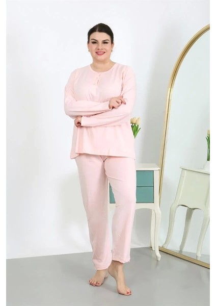Moda Kadın Büyük Beden Uzun Kol Penye Pijama Takımı Pembe fırsatları