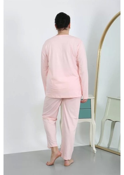 Moda Kadın Büyük Beden Uzun Kol Penye Pijama Takımı Pembe