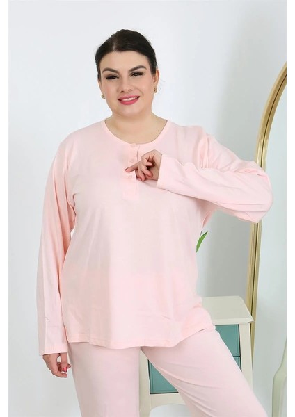 Moda Kadın Büyük Beden Uzun Kol Penye Pijama Takımı Pembe