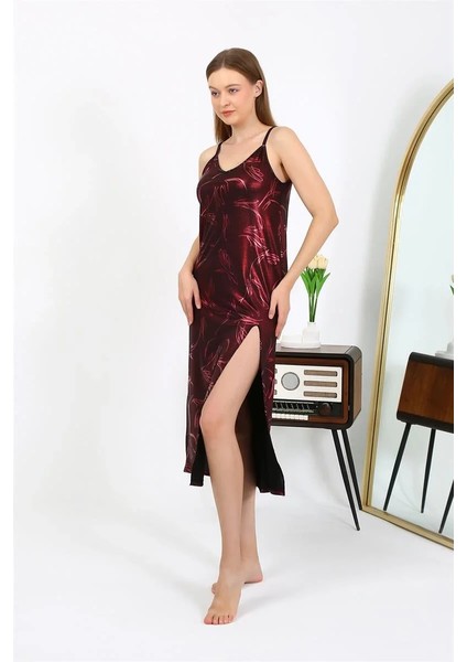 Moda Kadın Ip Askılı Uzun Parlak Micro Elbise Gecelik Bordo