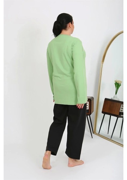 Moda Kadın Büyük Beden Uzun Kol Penye Pijama Takımı Fıstık Yeşili