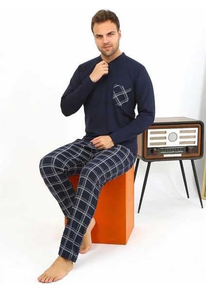 Moda Erkek Uzun Kol Penye Lacivert Pijama Takımı modelleri