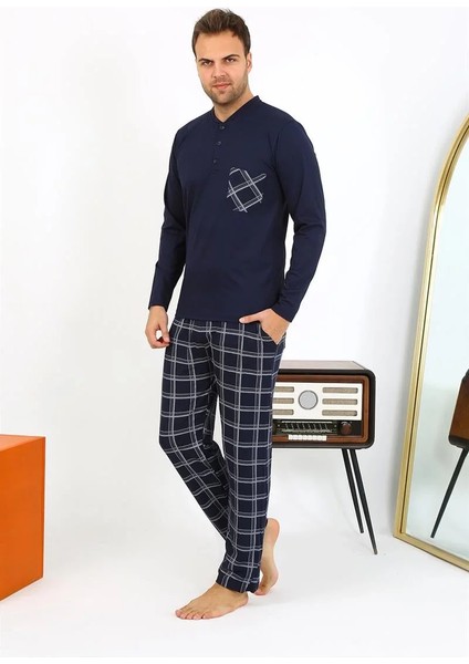 Moda Erkek Uzun Kol Penye Lacivert Pijama Takımı
