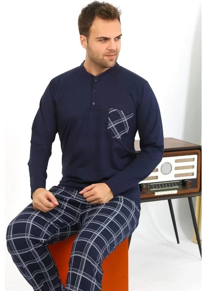 Moda Erkek Uzun Kol Penye Lacivert Pijama Takımı