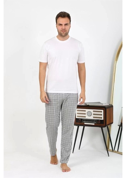 Moda Erkek Ekoseli Desen Penye Tek Alt Pijama Gri