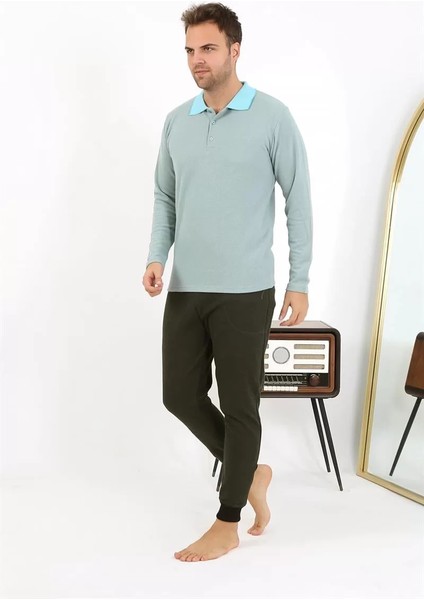 Moda Erkek Polo Yaka Uzun Kol Penye Pijama Takımı Su Yeşili fırsatları